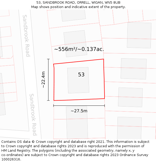 53, SANDBROOK ROAD, ORRELL, WIGAN, WN5 8UB: Plot and title map