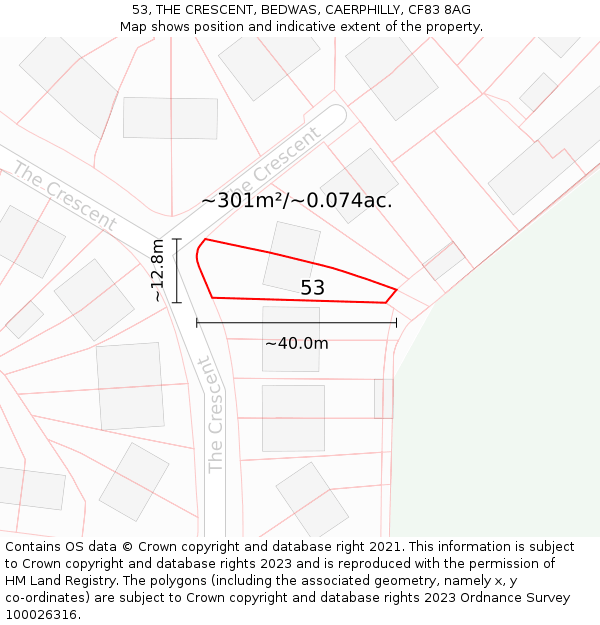53, THE CRESCENT, BEDWAS, CAERPHILLY, CF83 8AG: Plot and title map