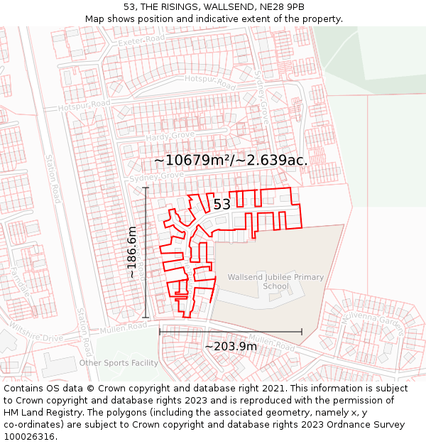 53, THE RISINGS, WALLSEND, NE28 9PB: Plot and title map