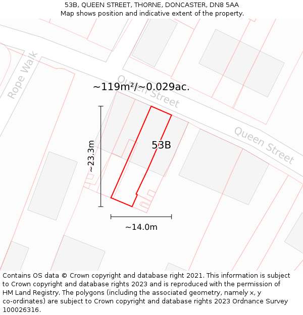 53B, QUEEN STREET, THORNE, DONCASTER, DN8 5AA: Plot and title map