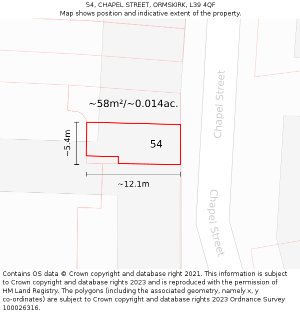 54, CHAPEL STREET, ORMSKIRK, L39 4QF: Plot and title map