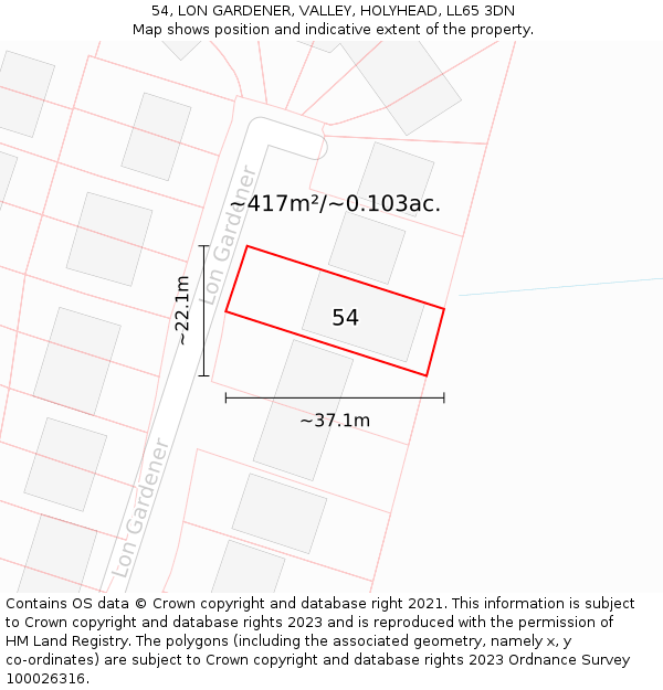 54, LON GARDENER, VALLEY, HOLYHEAD, LL65 3DN: Plot and title map