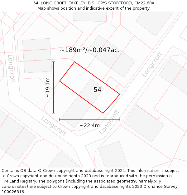 54, LONG CROFT, TAKELEY, BISHOP'S STORTFORD, CM22 6RX: Plot and title map