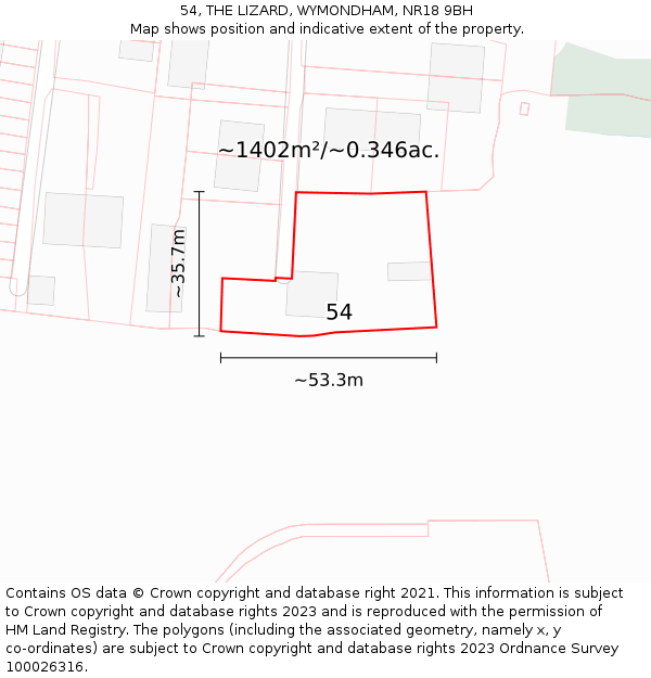 54, THE LIZARD, WYMONDHAM, NR18 9BH: Plot and title map