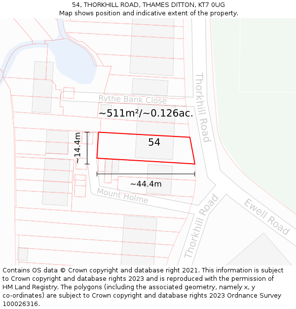 54, THORKHILL ROAD, THAMES DITTON, KT7 0UG: Plot and title map