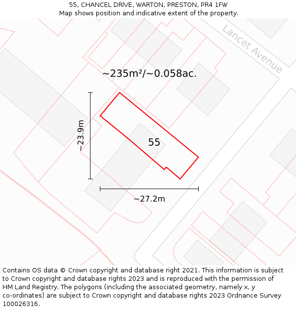 55, CHANCEL DRIVE, WARTON, PRESTON, PR4 1FW: Plot and title map