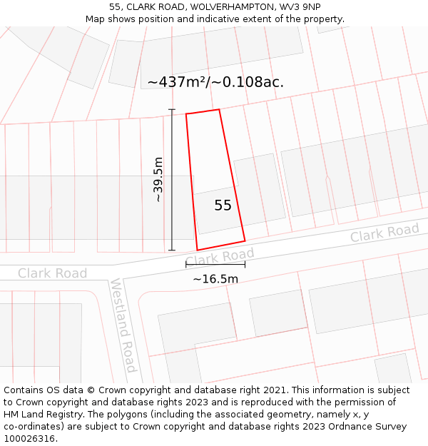 55, CLARK ROAD, WOLVERHAMPTON, WV3 9NP: Plot and title map