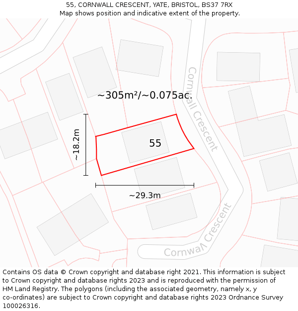 55, CORNWALL CRESCENT, YATE, BRISTOL, BS37 7RX: Plot and title map