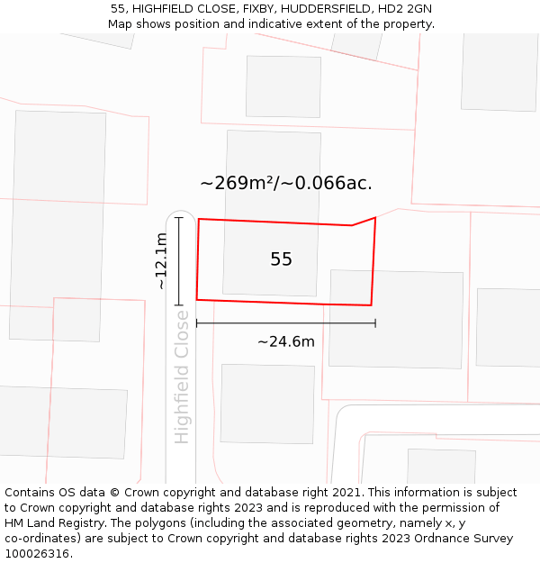 55, HIGHFIELD CLOSE, FIXBY, HUDDERSFIELD, HD2 2GN: Plot and title map