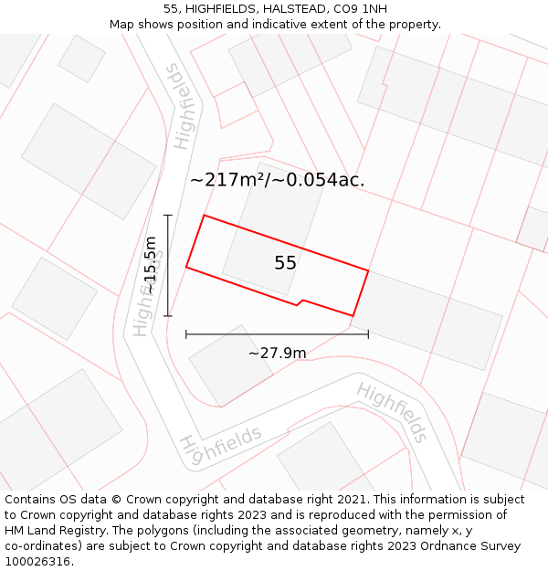 55, HIGHFIELDS, HALSTEAD, CO9 1NH: Plot and title map