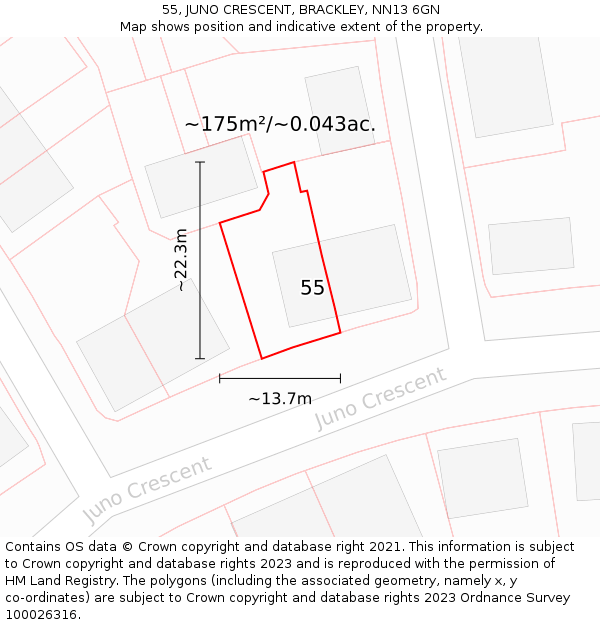 55, JUNO CRESCENT, BRACKLEY, NN13 6GN: Plot and title map