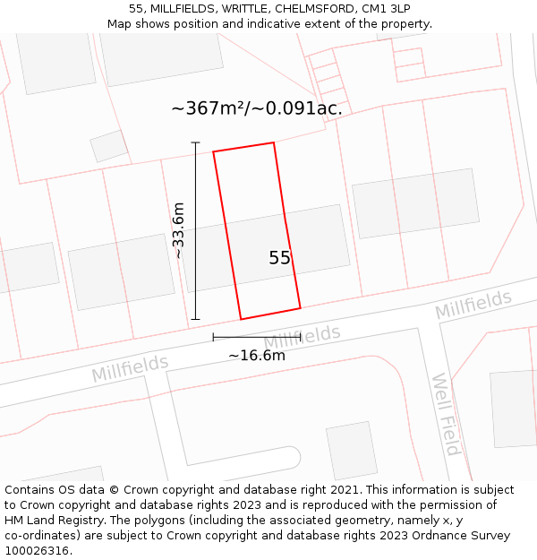 55, MILLFIELDS, WRITTLE, CHELMSFORD, CM1 3LP: Plot and title map