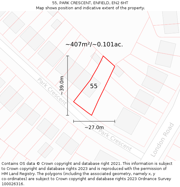 55, PARK CRESCENT, ENFIELD, EN2 6HT: Plot and title map
