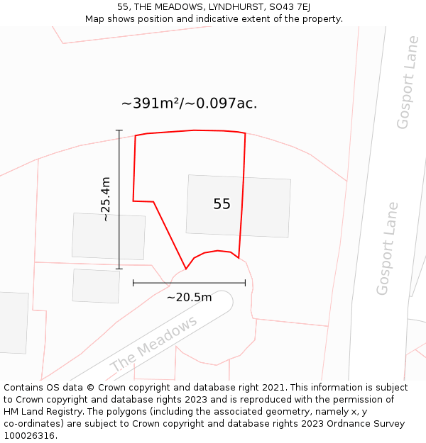 55, THE MEADOWS, LYNDHURST, SO43 7EJ: Plot and title map