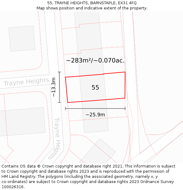 55, TRAYNE HEIGHTS, BARNSTAPLE, EX31 4FQ: Plot and title map