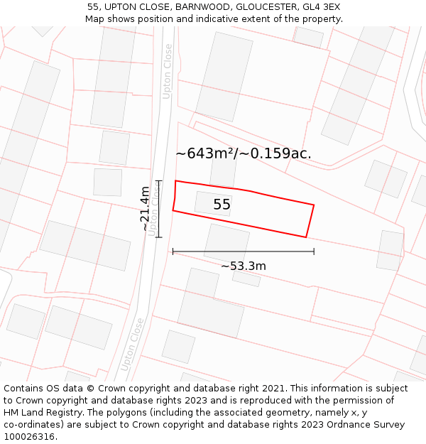 55, UPTON CLOSE, BARNWOOD, GLOUCESTER, GL4 3EX: Plot and title map