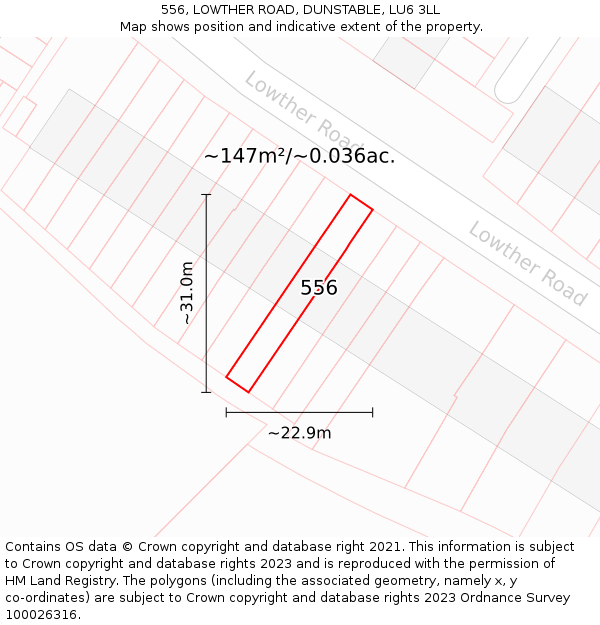 556, LOWTHER ROAD, DUNSTABLE, LU6 3LL: Plot and title map