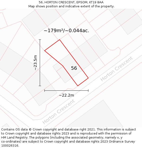 56, HORTON CRESCENT, EPSOM, KT19 8AA: Plot and title map