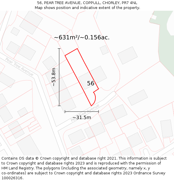 56, PEAR TREE AVENUE, COPPULL, CHORLEY, PR7 4NL: Plot and title map