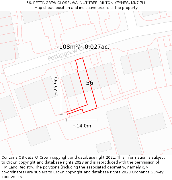 56, PETTINGREW CLOSE, WALNUT TREE, MILTON KEYNES, MK7 7LL: Plot and title map