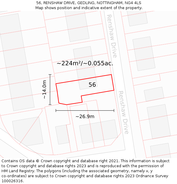56, RENSHAW DRIVE, GEDLING, NOTTINGHAM, NG4 4LS: Plot and title map