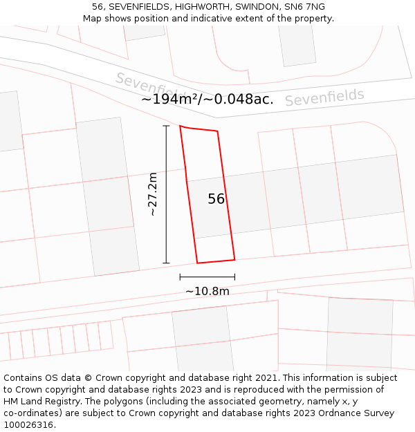 56, SEVENFIELDS, HIGHWORTH, SWINDON, SN6 7NG: Plot and title map