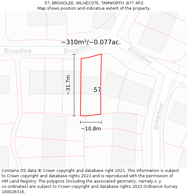 57, BROADLEE, WILNECOTE, TAMWORTH, B77 4PG: Plot and title map