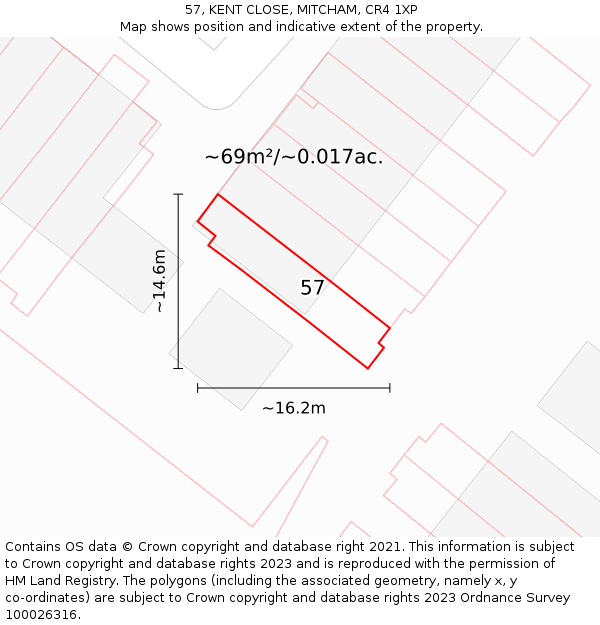 57, KENT CLOSE, MITCHAM, CR4 1XP: Plot and title map