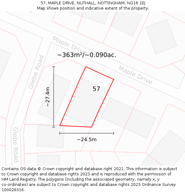 57, MAPLE DRIVE, NUTHALL, NOTTINGHAM, NG16 1EJ: Plot and title map