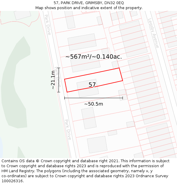 57, PARK DRIVE, GRIMSBY, DN32 0EQ: Plot and title map