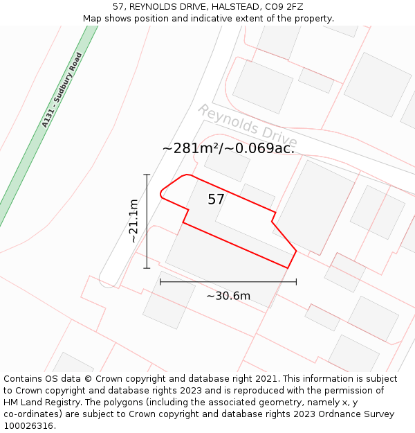 57, REYNOLDS DRIVE, HALSTEAD, CO9 2FZ: Plot and title map