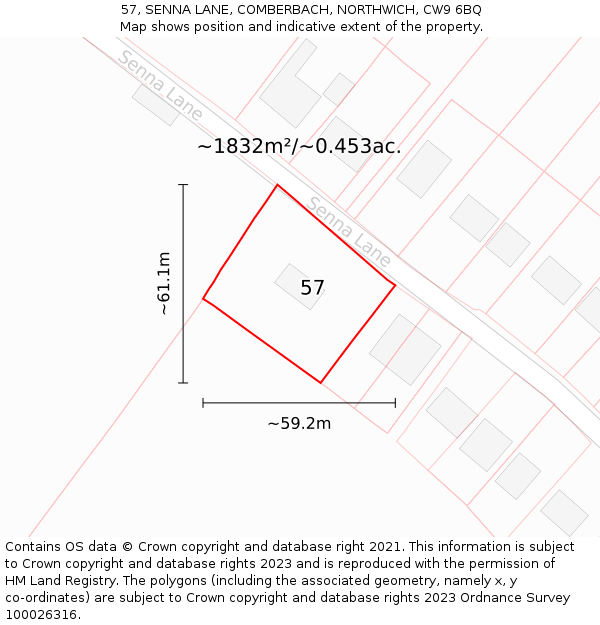 57, SENNA LANE, COMBERBACH, NORTHWICH, CW9 6BQ: Plot and title map