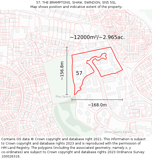 57, THE BRAMPTONS, SHAW, SWINDON, SN5 5SL: Plot and title map