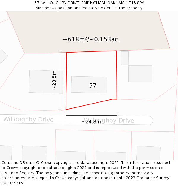 57, WILLOUGHBY DRIVE, EMPINGHAM, OAKHAM, LE15 8PY: Plot and title map