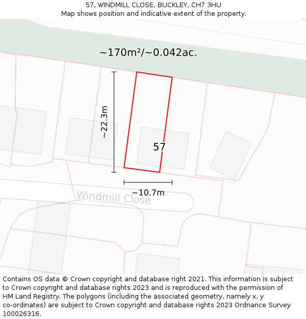 57, WINDMILL CLOSE, BUCKLEY, CH7 3HU: Plot and title map
