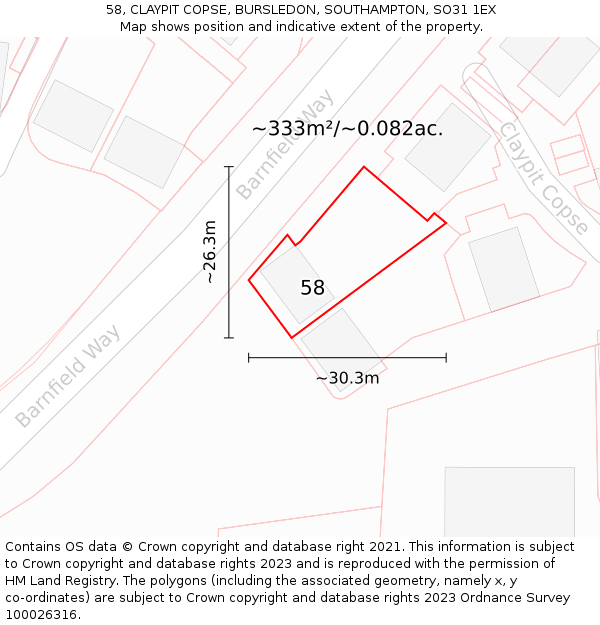 58, CLAYPIT COPSE, BURSLEDON, SOUTHAMPTON, SO31 1EX: Plot and title map