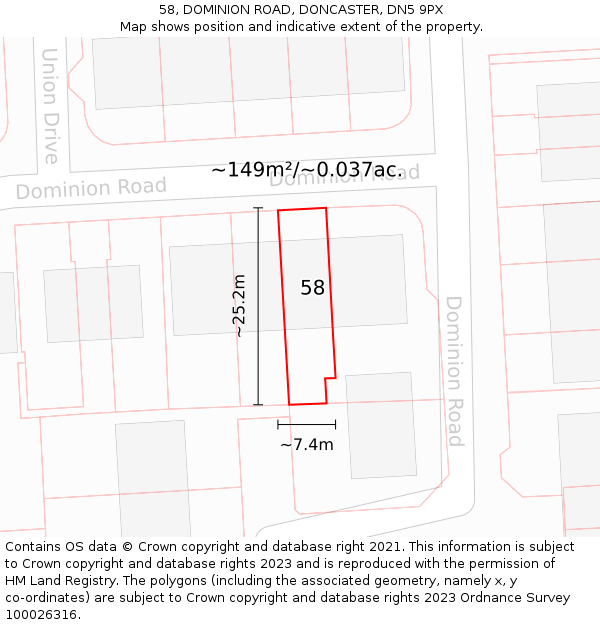 58, DOMINION ROAD, DONCASTER, DN5 9PX: Plot and title map