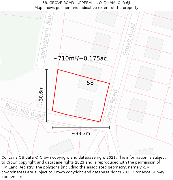 58, GROVE ROAD, UPPERMILL, OLDHAM, OL3 6JL: Plot and title map
