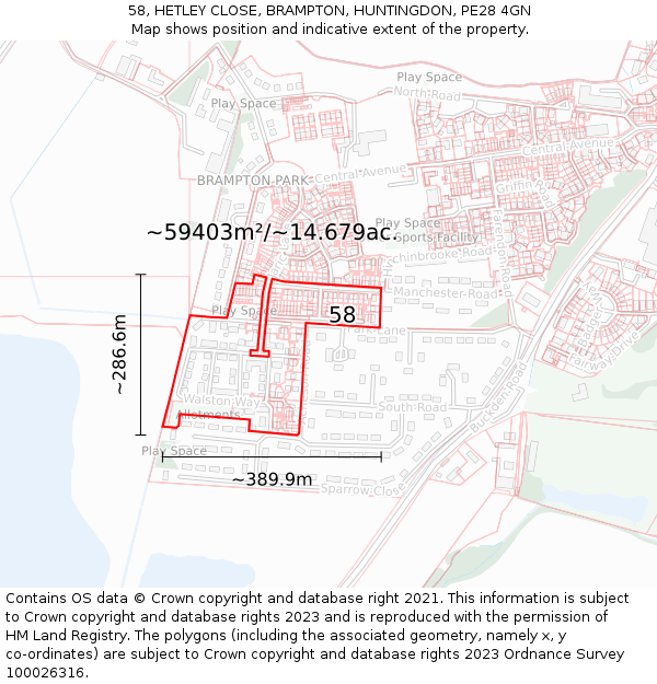 58, HETLEY CLOSE, BRAMPTON, HUNTINGDON, PE28 4GN: Plot and title map