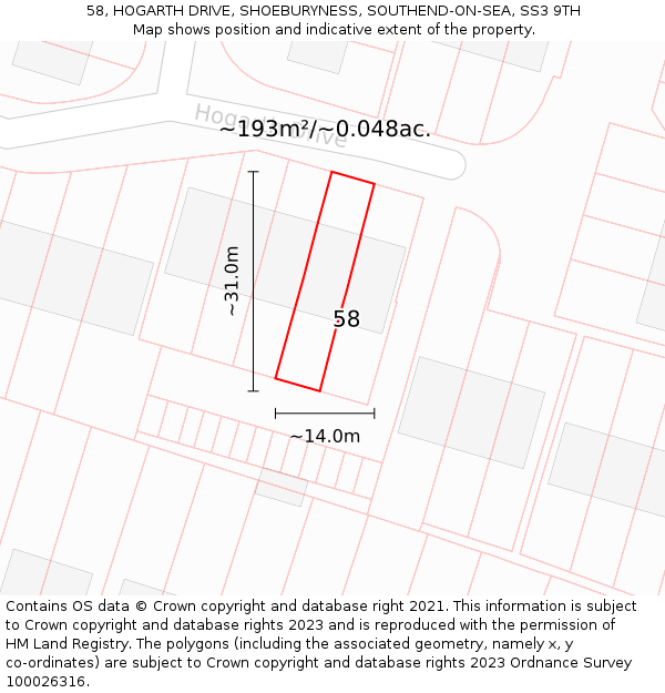 58, HOGARTH DRIVE, SHOEBURYNESS, SOUTHEND-ON-SEA, SS3 9TH: Plot and title map