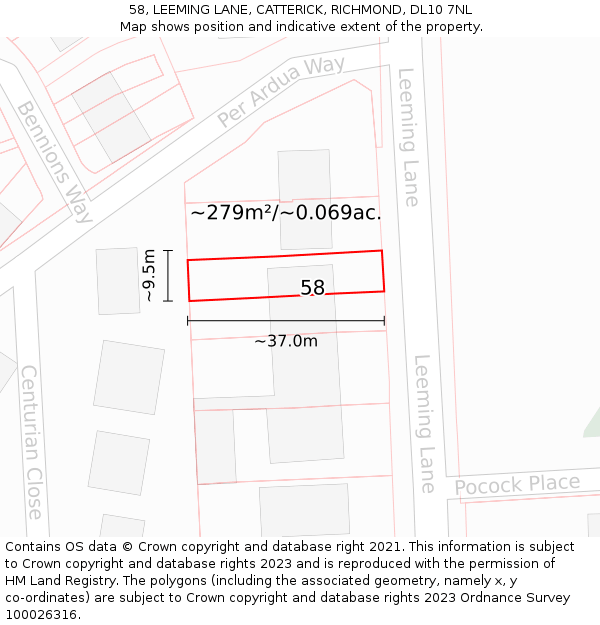 58, LEEMING LANE, CATTERICK, RICHMOND, DL10 7NL: Plot and title map