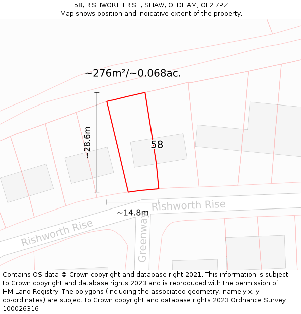 58, RISHWORTH RISE, SHAW, OLDHAM, OL2 7PZ: Plot and title map
