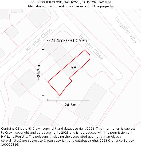 58, ROSSITER CLOSE, BATHPOOL, TAUNTON, TA2 8FN: Plot and title map