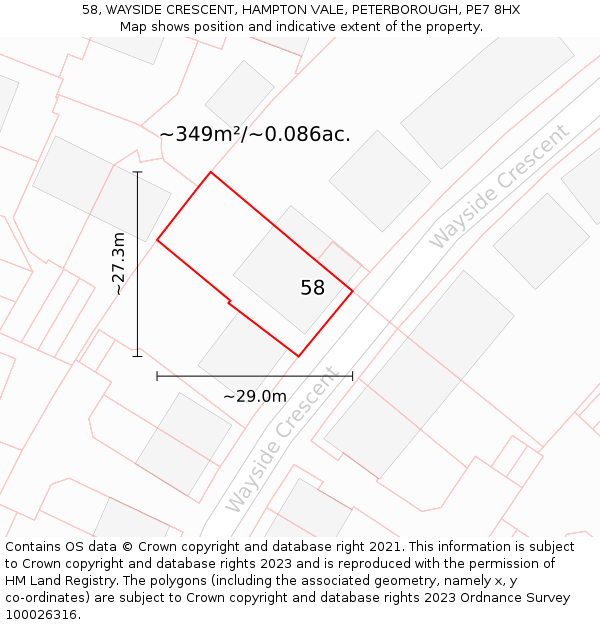 58, WAYSIDE CRESCENT, HAMPTON VALE, PETERBOROUGH, PE7 8HX: Plot and title map