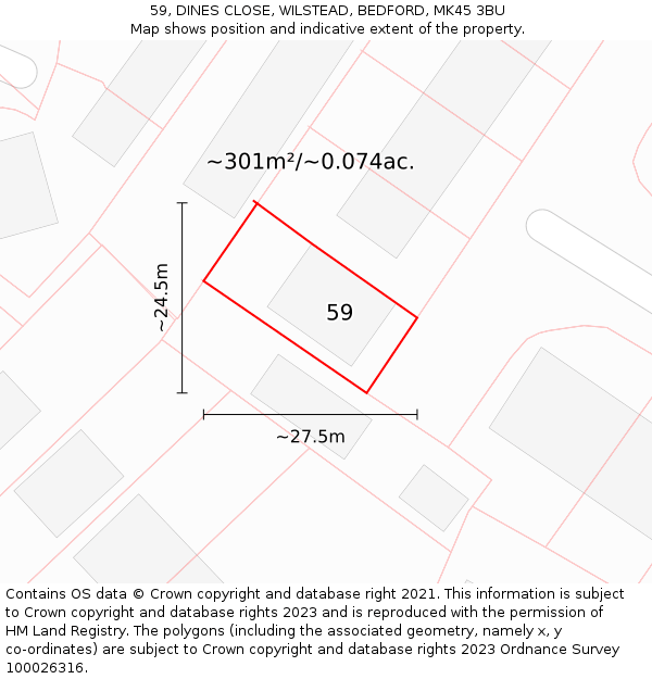 59, DINES CLOSE, WILSTEAD, BEDFORD, MK45 3BU: Plot and title map