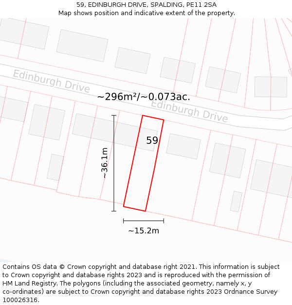 59, EDINBURGH DRIVE, SPALDING, PE11 2SA: Plot and title map