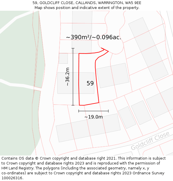 59, GOLDCLIFF CLOSE, CALLANDS, WARRINGTON, WA5 9EE: Plot and title map