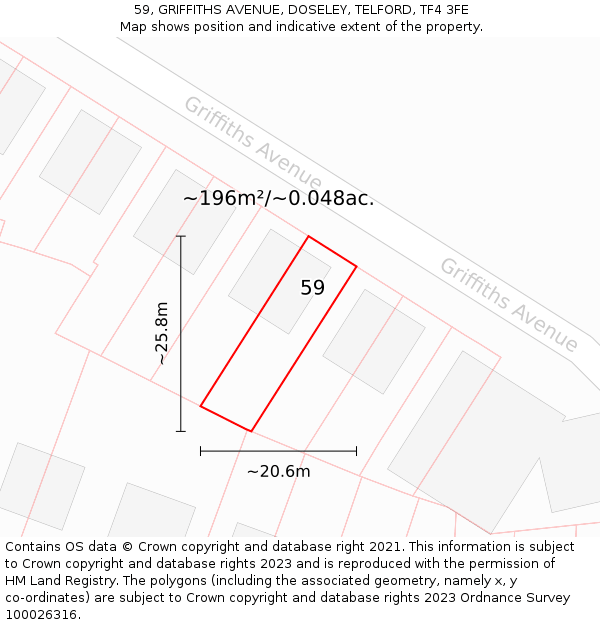 59, GRIFFITHS AVENUE, DOSELEY, TELFORD, TF4 3FE: Plot and title map