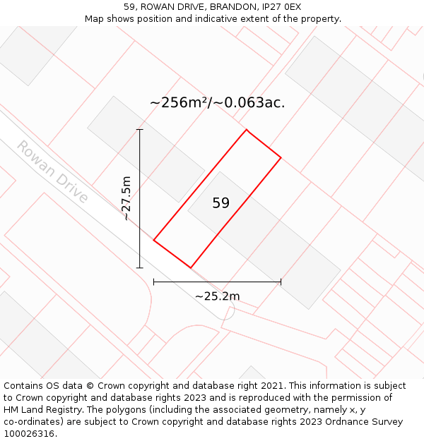 59, ROWAN DRIVE, BRANDON, IP27 0EX: Plot and title map