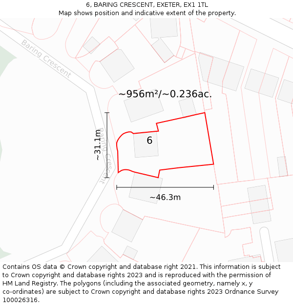 6, BARING CRESCENT, EXETER, EX1 1TL: Plot and title map